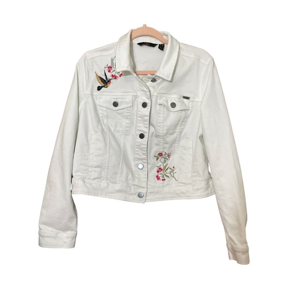 G.I.L.I. White Denim Jean Jacket with Floral & Bird Embroidery